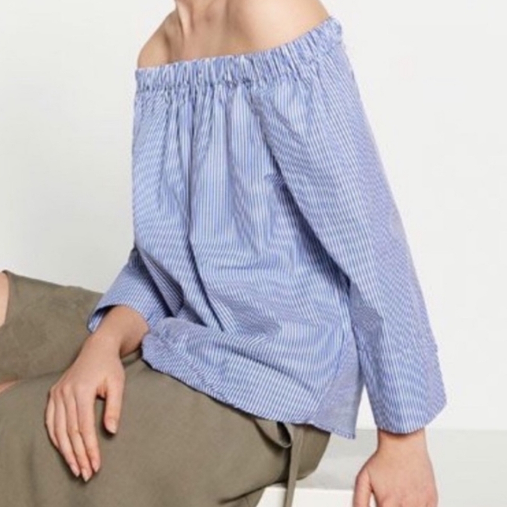 Zara Off The Shoulder Top Blue And White Striped